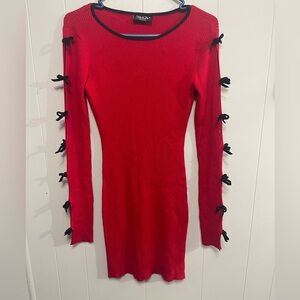 Elegant Red Long Sleeve Dress with Black Bow Accents